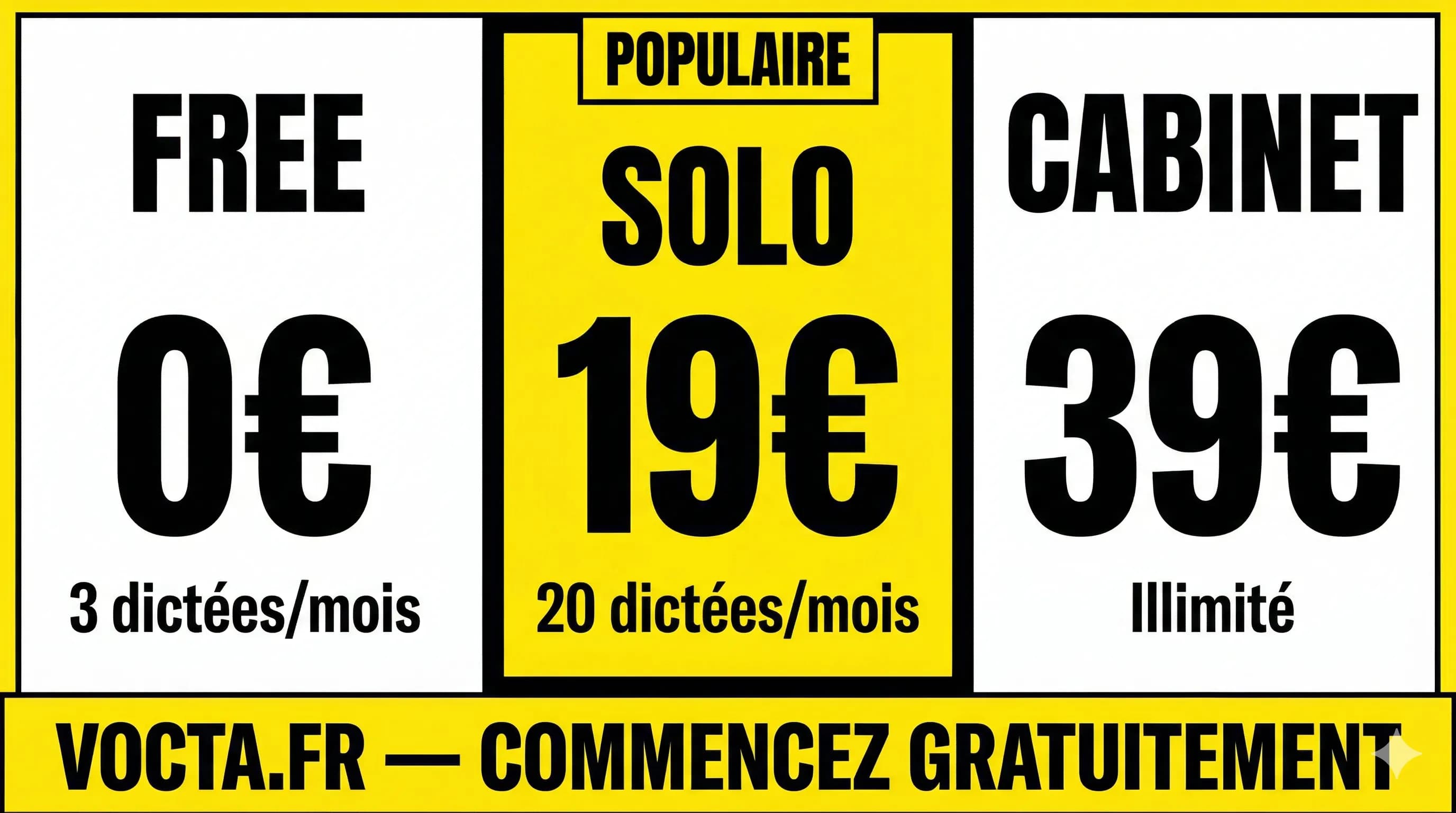 Free 0€, Solo 19€, Cabinet 39€